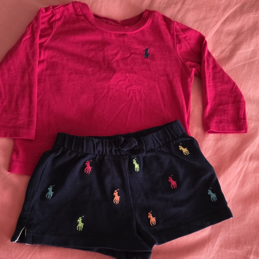 Ralph Lauren Hot Pink Long Sleeve Tee with Navy Embroidered Polo Shorts